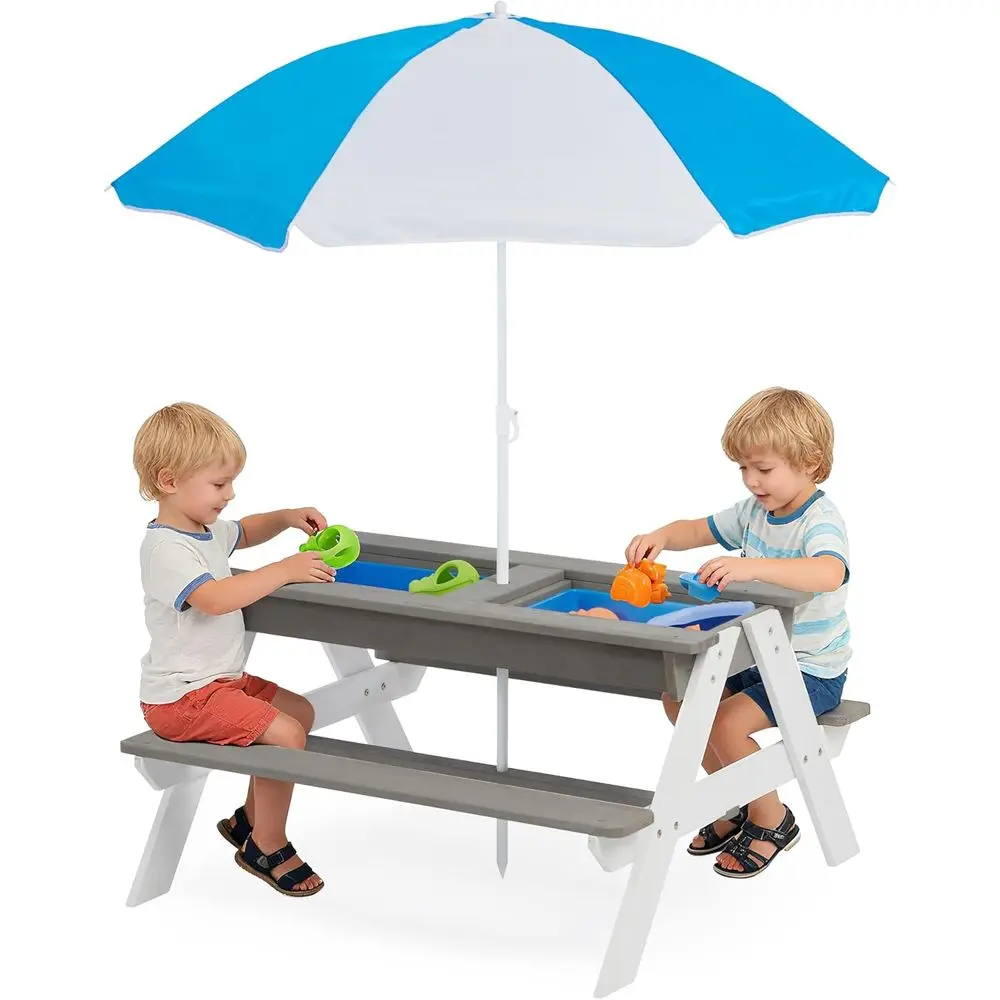 Kids Outdoor Umbrella - Ombouwbare 3-in-1 houten picknicktafel voor kinderen,