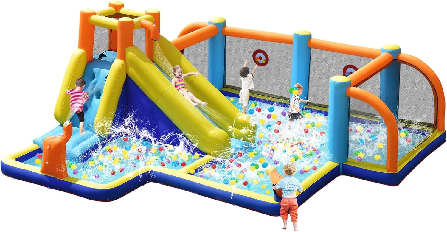 Kids Outdoor Slide - Reuze opblaasbare waterglijbaan met voetbaldoelen, plonsbad