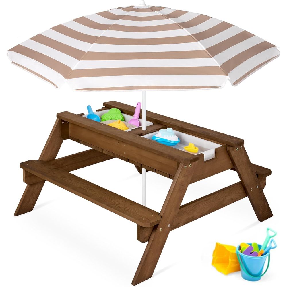 Kids Outdoor Umbrella - Kinderpicknicktafel met parasol, 3-in-1 zand- &